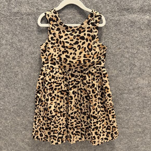 Janie And Jack Dress Girl Size 4 Beige Leopard Print Sleeveless Lined Bow Button - Picture 1 of 13
